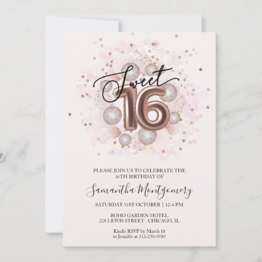 Roos Gold Sweet 16 Roze Waterverf Girly Balloons Kaart (Voorkant)