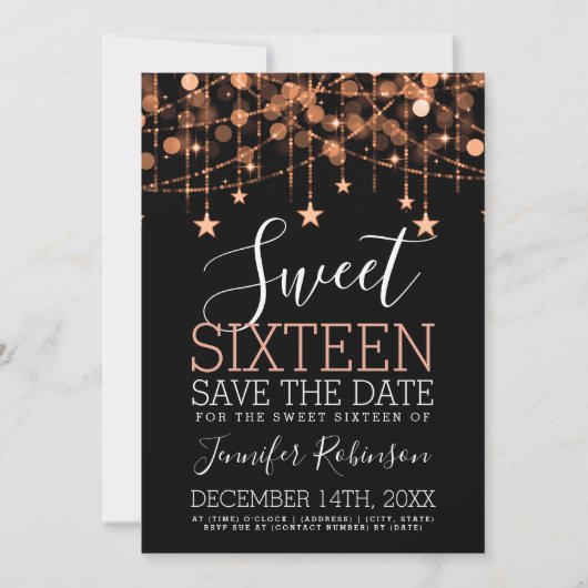 Roos Gold Sweet 16 Sparkly String Lights Opslagdat Save The Date (Voorkant)