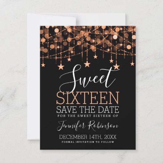 Roos Gold Sweet 16 Sparkly String Lights Opslagdat Save The Date (Voorkant)