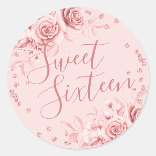 Roos Gold Sweet 16 Verjaardag Bloemen Glitter Ronde Sticker (Voorkant)