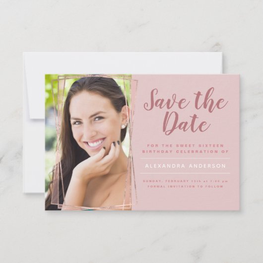 Roos Gold Sweet 16 Verjaardag Save the Date Kaart (Voorkant)