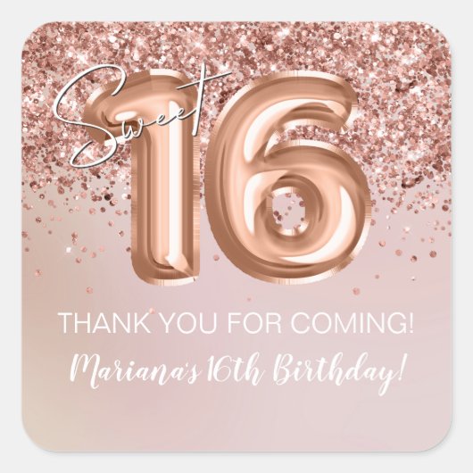 Roos Gold Sweet 16 Verjaardagsfeestgunst Vierkante Sticker (Voorkant)