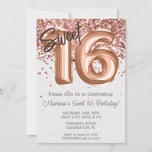 Roos Gold Sweet 16 Verjaardagsfeestje Kaart (Voorkant)