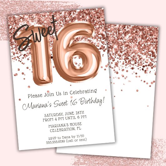 Roos Gold Sweet 16 Verjaardagsfeestje Kaart