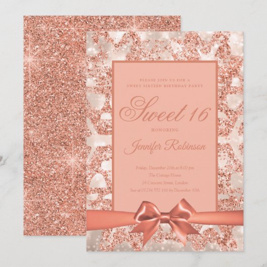 Roos Gold Sweet 16 | Winterglitter Snowflake Kaart (Voorkant / Achterkant)