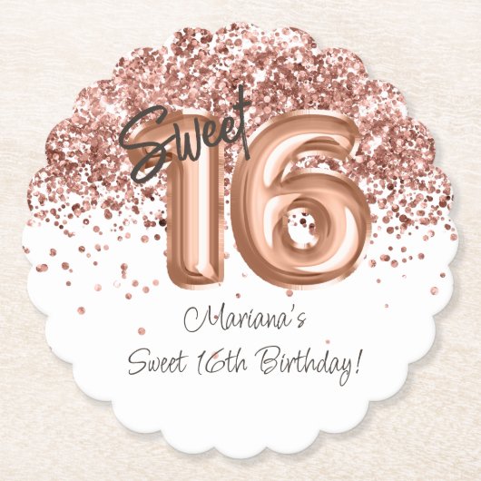 Roos Gold Sweet 16th Birthday Party Kartonnen Onderzetters (Voorkant)
