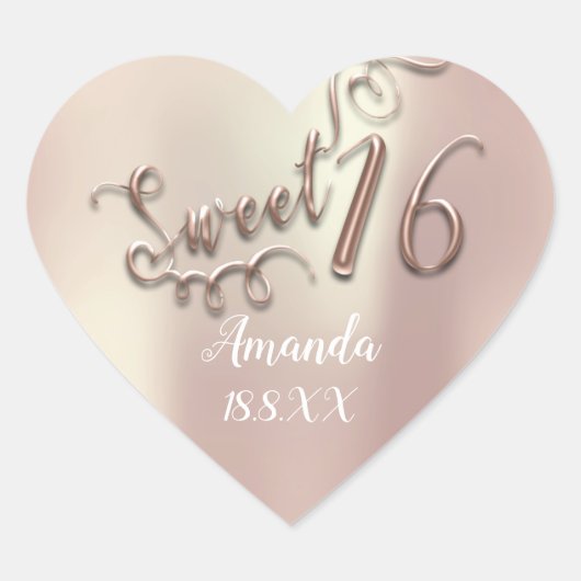 Roos Gold Sweet 16th Script Heart Name Date Hart Sticker (Voorkant)
