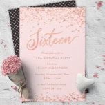 Roos Gold Sweet Sixteen Party Invitation Faux Foli Kaart<br><div class="desc">Roos Gold Sweet 16 Birthday Party Invitations: roos Gold confetti 16e verjaardagsuitnodiging design met heldere roos gouden folie ziet er confetti polka dots uit. Roos goud "zestien", geschreven in handschrift, schrijfschrift. Het hedendaagse schrijven vult de partijdetails in. [Merk op dat terwijl de elementen van dit ontwerp zullen drukken om als...</div>
