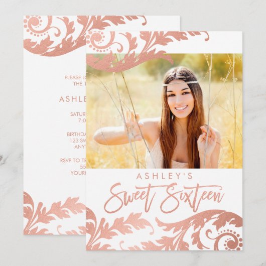 Roos Gold Swirls Foto Sweet 16 Uitnodigingen (Voorkant / Achterkant)