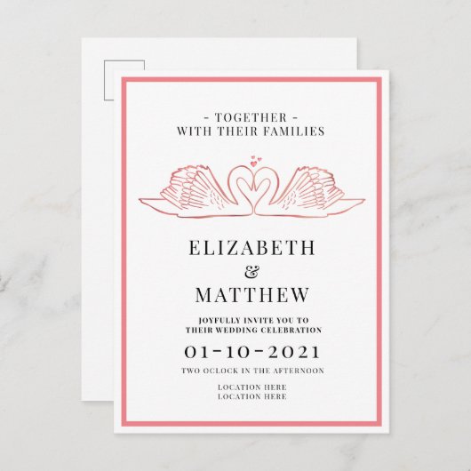 Roos Gold Thema met zwanen bruiloft Uitnodiging Briefkaart (Voorkant / Achterkant)