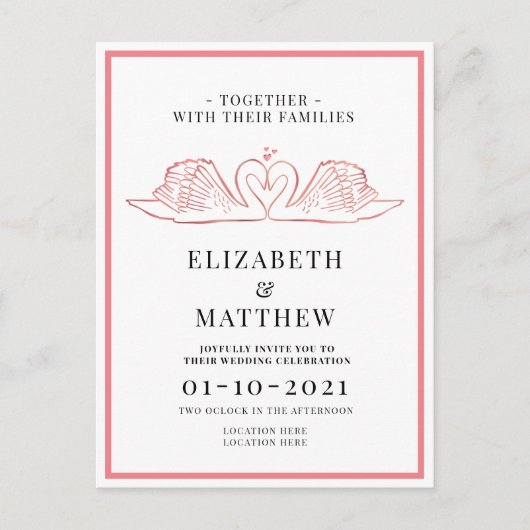 Roos Gold Thema met zwanen bruiloft Uitnodiging Briefkaart (Voorkant)