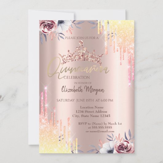 Roos Gold Tiara Flowers Quinceañera Kaart (Voorkant)