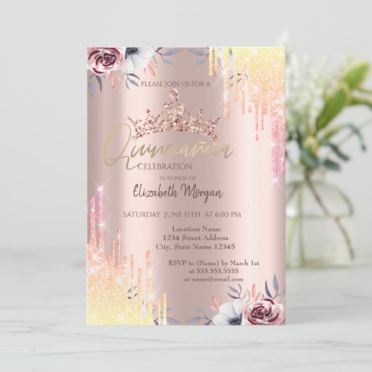Roos Gold Tiara Flowers Quinceañera Kaart (Staand voorkant)
