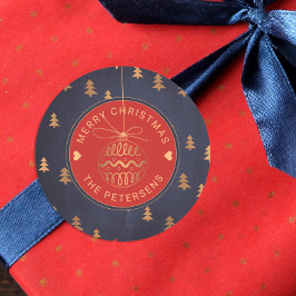 Roos Gold Tree Decor op Navy Red Merry Christmas Ronde Sticker