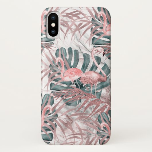 Roos Gold Tropical Flamingos Leaves & Marble Case-Mate iPhone Case (Achterkant)