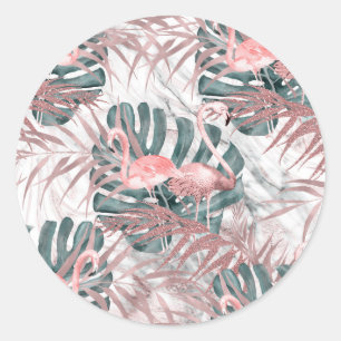 Roos Gold Tropical Flamingos Leaves & Marble Party Ronde Sticker