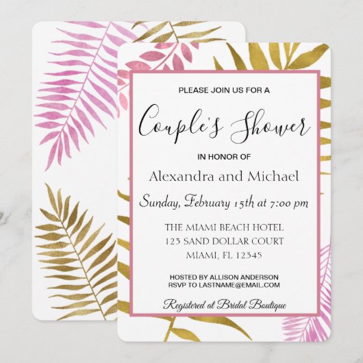 Roos Gold Tropical Floral Couple's Shower Kaart (Voorkant / Achterkant)
