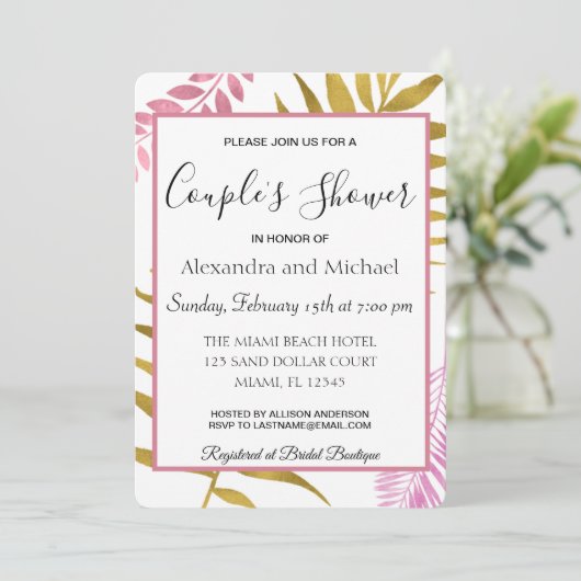 Roos Gold Tropical Floral Couple's Shower Kaart (Staand voorkant)