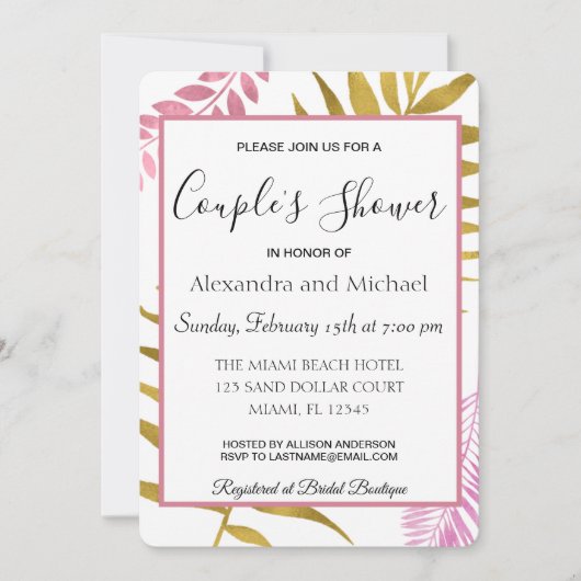 Roos Gold Tropical Floral Couple's Shower Kaart (Voorkant)