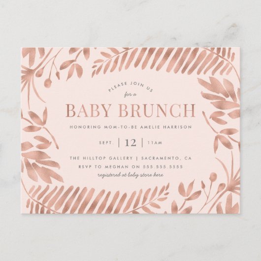 Roos Gold Tropical Greenery Baby Brunch Uitnodiging Briefkaart (Voorkant)