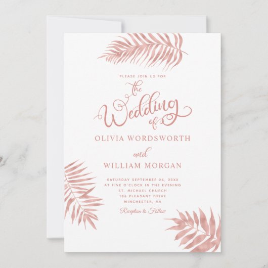 Roos Gold Tropical Palm Leaves Wedding Kaart (Voorkant)