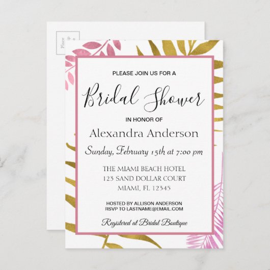 Roos Gold Tropische Bloemen Bruids Douche Uitnodig Uitnodiging Briefkaart (Voorkant / Achterkant)