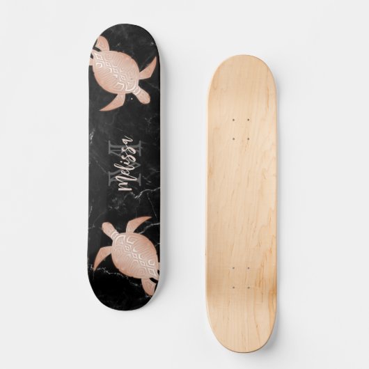Roos Gold Turtle Black Marmer Monogram Persoonlijk Skateboard (Voorkant)