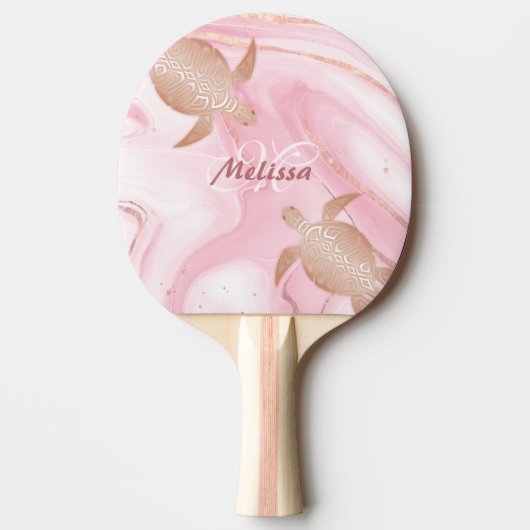 Roos Gold Turtle Blush Marble Monogram Jouw naam Tafeltennisbatje (Voorkant)