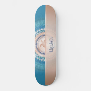 Roos Gold Turtle Mandala Naam toevoegen Turquoise Persoonlijk Skateboard