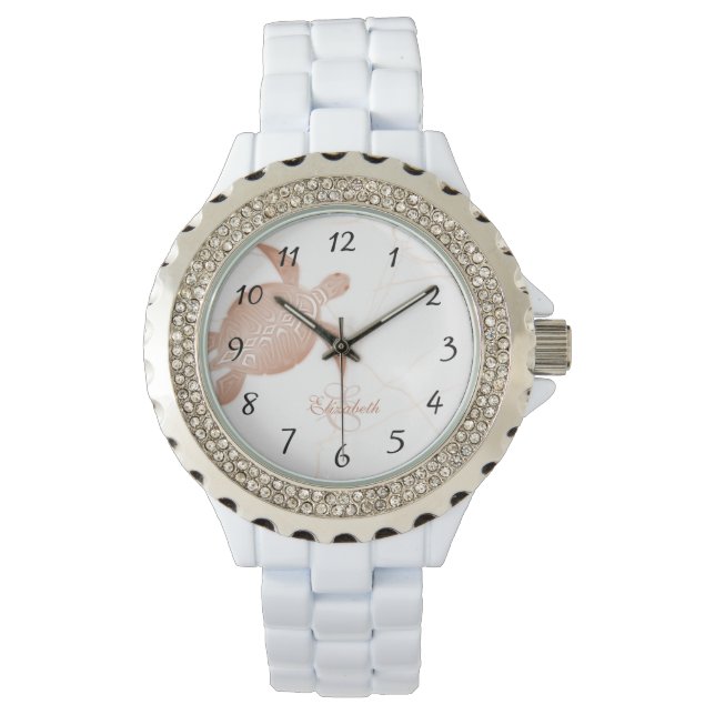 Roos Gold Turtle White marble Monogram Jouw naam Horloge (Voorkant)