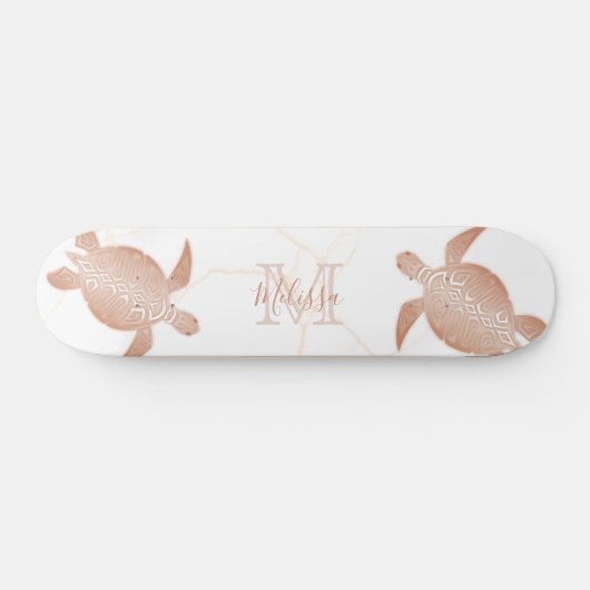 Roos Gold Turtle White marble Monogram Jouw naam Persoonlijk Skateboard (Horizontaal)