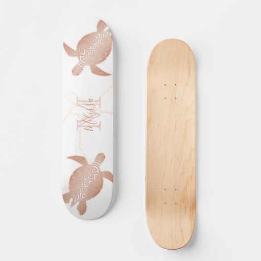 Roos Gold Turtle White marble Monogram Jouw naam Persoonlijk Skateboard (Voorkant)