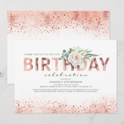 Roos Gold Typografie en White Flowers Birthday Kaart (Voorkant / Achterkant)