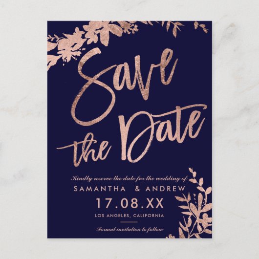 Roos Gold typografie floral navy, behalve de datum Aankondigingskaart (Voorkant)