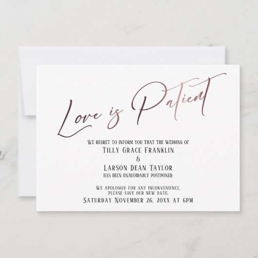 Roos Gold Typografie Liefde is Patient Wedding Del Kaart (Voorkant)