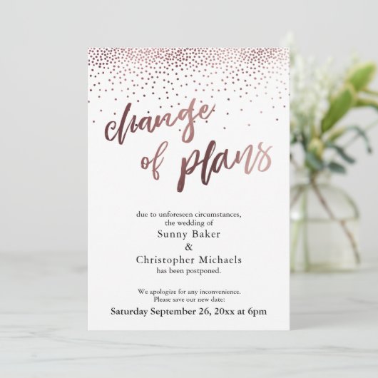 Roos Gold Uitgestelde bruiloft "Verandering van pl Kaart (Staand voorkant)