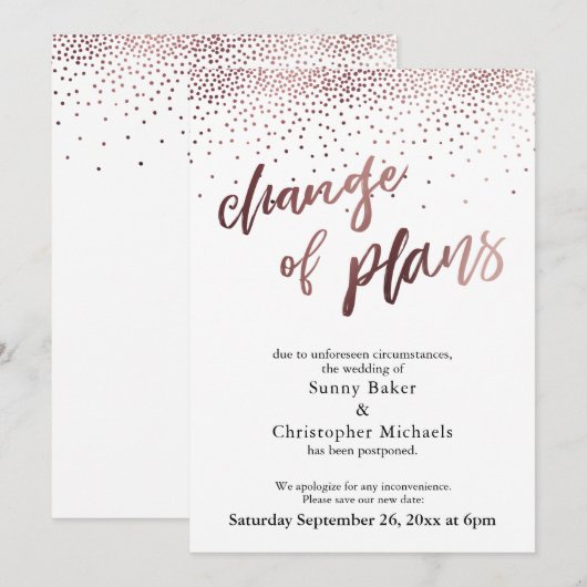 Roos Gold Uitgestelde bruiloft "Verandering van pl Kaart (Voorkant / Achterkant)