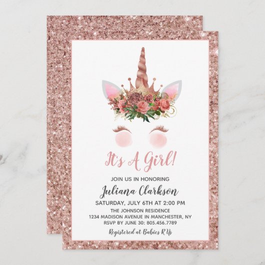 Roos Gold Unicorn Princess Baby shower Kaart (Voorkant / Achterkant)