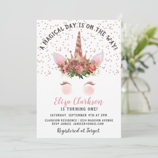 Roos Gold Unicorn Princess Birthday Kaart (Staand voorkant)