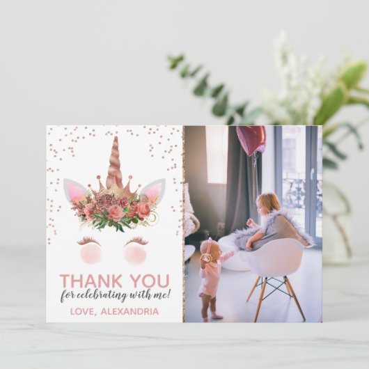 Roos Gold Unicorn Prinses bedankt Kaart (Staand voorkant)