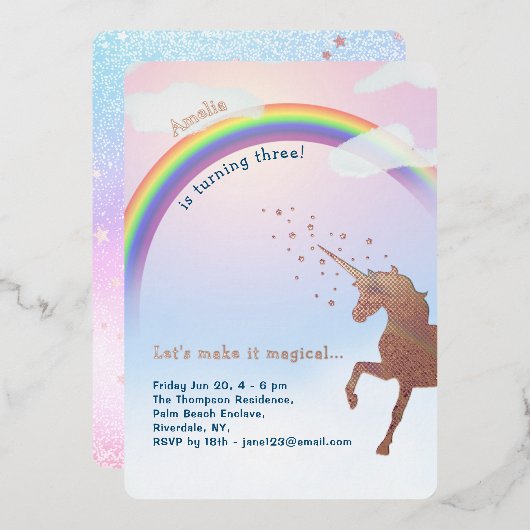 Roos Gold Unicorn Regenboog Glitter Magical Birthd Folie Uitnodiging (Voorkant / Achterkant)