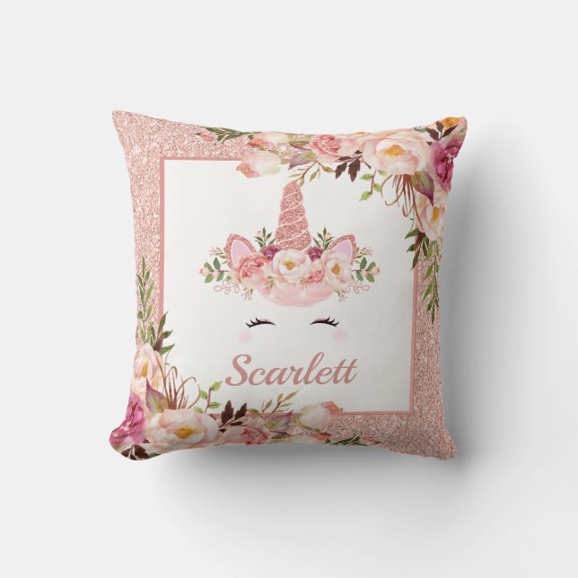 Roos Gold Unicorn Waterverf Rozen Nursery Kussen (Voorkant)