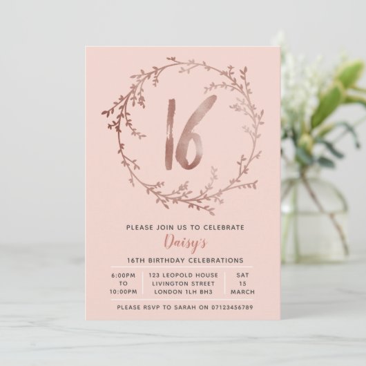Roos Gold Verjaardag Meisjes 16e verjaardagsuitnod Kaart (Staand voorkant)
