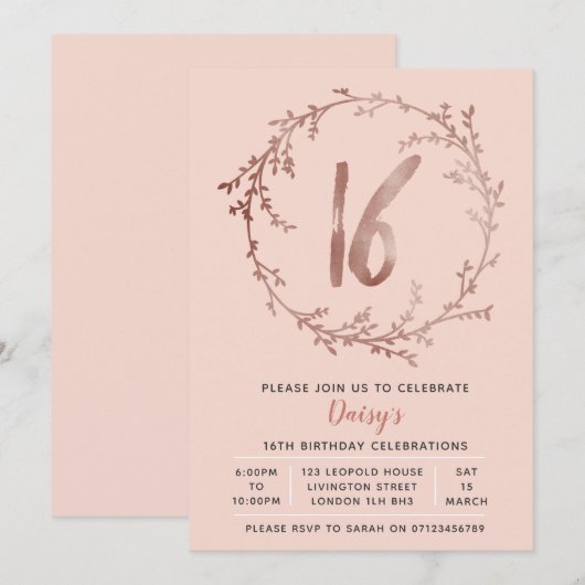 Roos Gold Verjaardag Meisjes 16e verjaardagsuitnod Kaart (Voorkant / Achterkant)