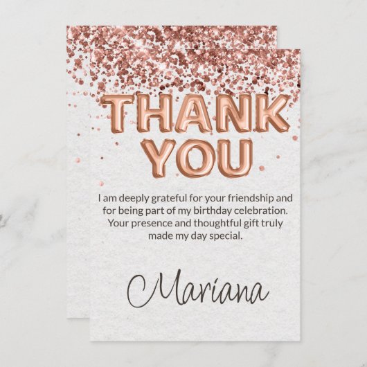 Roos Gold Verjaardagsfeestje Dank je kaart (Voorkant / Achterkant)