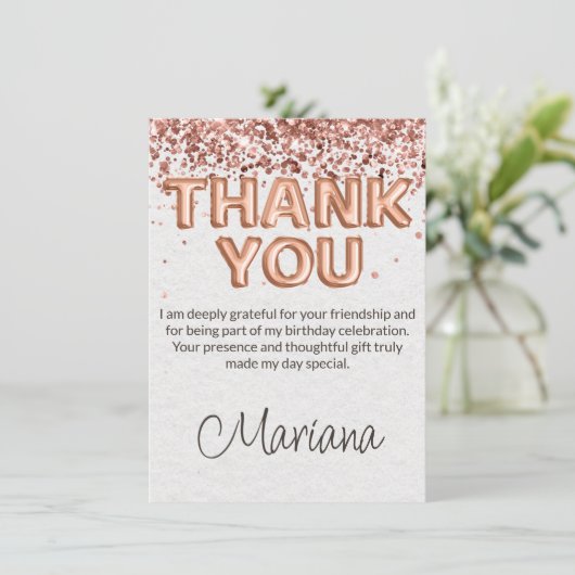 Roos Gold Verjaardagsfeestje Dank je kaart (Staand voorkant)