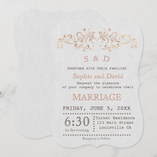 Roos Gold Vlaams Wirl White Wedding Invite Kaart (Voorkant / Achterkant)