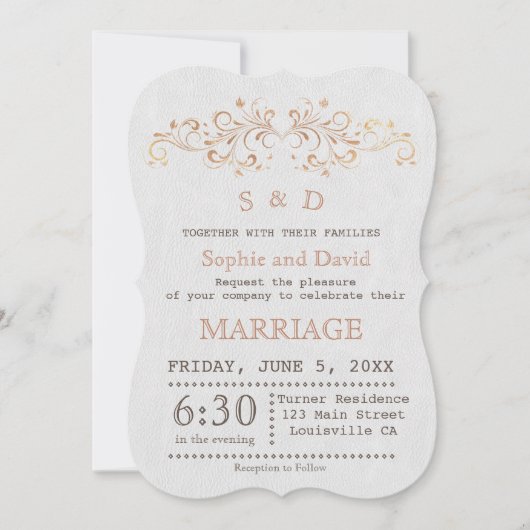 Roos Gold Vlaams Wirl White Wedding Invite Kaart (Voorkant)