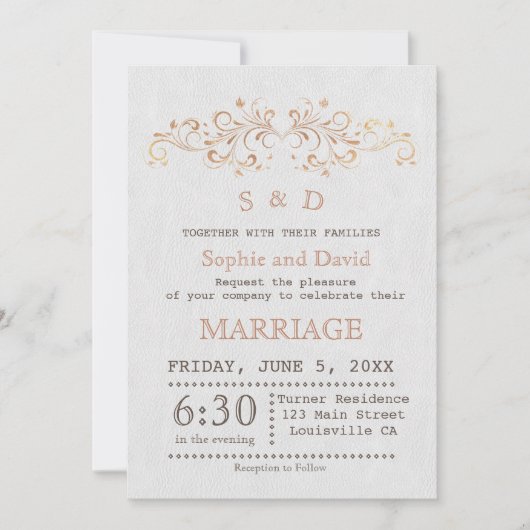 Roos Gold Vlaams Wirl White Wedding Invite Kaart (Voorkant)