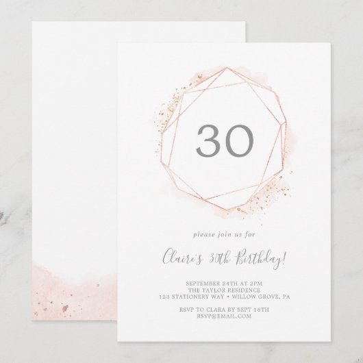 Roos Gold Waterverf Geometric 30th Birthday Party Kaart (Voorkant / Achterkant)